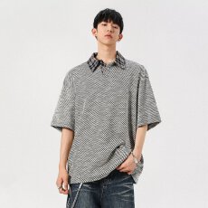 批发复古老钱风格纹撞色<b class='q'>衬衫</b>领短袖T恤男女<b class='q'>情侣</b><b class='q'>宽松</b>百搭上衣百搭新款