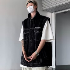 批发BJHG不计后果<b class='q'>秋</b>季水洗做旧工装马甲女潮美式复古牛仔无袖坎肩外套