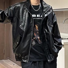 批发<b class='q'>秋</b>季美式街头情侣机车服宽松上衣冲锋衣夹克复古个性男女皮衣外套