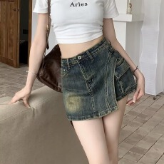 批发美式复古高腰牛仔<b class='q'>短</b>裤女春夏新款大码胖妹妹a字半身<b class='q'>裤裙</b>阔腿热裤