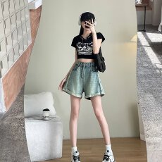 批发大码牛仔短裤女2026年夏季新款水洗松紧腰韩版宽松阔腿短裤翻边女