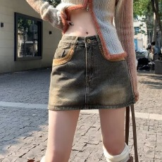 批发美式夏季高腰弹力显瘦复古牛仔裙a字裙女防走光辣妹包臀牛仔短裙