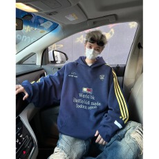 批发<b class='q'>秋</b>冬季织带连帽宽松卫衣男女同款美式复古运动情侣帽衫宽松卫衣潮