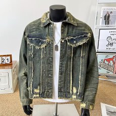 批发韩版小众设计毛边垫肩长袖牛仔外套男女款2025春<b class='q'>秋</b>季翻领夹克潮