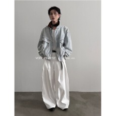 批发国潮美式复古怀旧浅蓝色牛仔外套男女翻领廓形夹克立领牛仔衣春<b class='q'>秋</b>