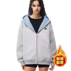 批发2026新款灰色美式加绒连帽<b class='q'>卫衣</b>男女小众高级感<b class='q'>开衫</b>外套上衣服