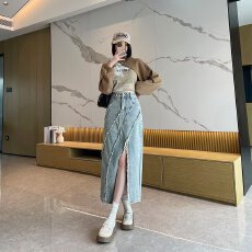 批发不规则开叉牛仔A字半身裙女夏季新款高腰显瘦毛边中长裙
