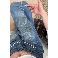 韩版女装胖mm美式复古刺绣牛仔裤女春高腰显瘦阔腿裤花朵印花长裤