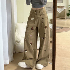 批发学生高腰<b class='q'>牛仔裤</b>女2026春夏新款卡其色裤子宽松休闲显瘦阔腿裤长裤