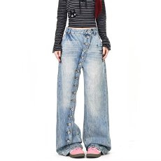 批发排扣水洗牛仔很忙斜门纽扣直筒牛仔裤<b class='q'>男</b>女宽松休闲百搭阔腿裤