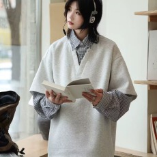 批发日系淘惑假两件格子<b class='q'>长袖</b><b class='q'>衬衫</b>女<b class='q'>男</b>春秋季新款痞帅拼接卫衣宽松外套