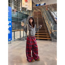 批发美式新风格复古拼色红格抽绳阔腿<b class='q'>休闲裤</b><b class='q'>男</b>女宽松百搭潮流拖地长裤