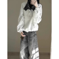 批发纽扣潮男拼接格纹立领翻领<b class='q'>卫衣</b>男女春季复古设计独特<b class='q'>宽松</b>长袖上衣