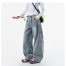 批发自然涩美式复古刺绣阔腿牛仔裤女2026春季新款宽松显瘦百搭裤子<b class='q'>冬</b>