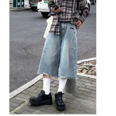 批发美式解构毛边设计感牛仔短裤男女夏季宽松休闲水洗小众阔腿<b class='q'>七分</b>裤