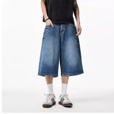 批发大码美式复古设计感小众牛仔<b class='q'>七分</b>裤男女夏季水洗宽松阔腿中裤潮