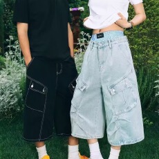 批发美式复古褶皱多口袋<b class='q'>七分</b>裤男女夏季宽松休闲阔腿工装裤牛仔短裤潮