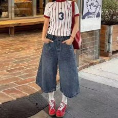 批发设计感口袋拼接格子牛仔裤男女2026夏季新款高腰直筒<b class='q'>七分</b>牛仔中裤