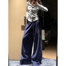 批发原版纯棉重工烫钻字母弯刀卫裤女爵士舞宽松阔腿裤<b class='q'>运动</b>裤休闲裤