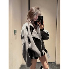 批发设计感廓形复古灰色毛呢外套女春秋宽松加厚短款呢子大衣