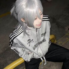 批发美式复古水洗喷脏做旧卫衣男女春秋季街头立领夹克外套视觉系上衣