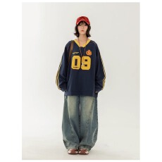 批发美式重磅嘻哈卫衣女2026春季新款V领球衣情侣装宽松外套