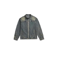 批发美式水洗覆古牛仔外套男女小众设计感破洞工装拉炼机车夹克上衣潮