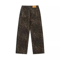 批发豹纹牛仔裤女春秋<b class='q'>冬</b>新款大码胖mm梨形身材显瘦直筒工装休闲阔腿裤