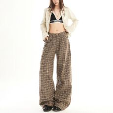 批发实价实拍棕色格纹休闲阔腿裤女春秋新款<b class='q'>英伦</b><b class='q'>风</b>垂感宽松拖地裤
