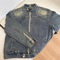 批发美式水洗覆古<b class='q'>牛仔外</b><b class='q'>套男</b>女小众设计感破洞工装拉炼机车夹克上衣潮