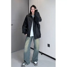 批发米白色PU皮铆钉夹克<b class='q'>皮衣</b>外套男女春秋美式机车夹克<b class='q'>皮衣</b>翻领棒球服