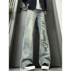 批发新款闪电纹微喇<b class='q'>牛仔裤</b><b class='q'>男</b>女款美式高街vibe裤子<b class='q'>修身</b>显瘦直筒弯刀裤