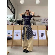 批发可拆卸格纹裙摆多口袋直筒工装裤女潮牌宽松阔腿休闲<b class='q'>拖地</b>长裤