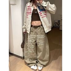 批发美式复古字母印花牛仔裤男女款直筒显瘦毛边潮牌高级感小众<b class='q'>裤子</b>