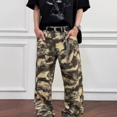 批发美式<b class='q'>迷彩</b>休闲牛仔<b class='q'>裤</b>春秋新款潮牌高街宽松直筒显瘦微喇工装长<b class='q'>裤</b>