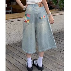 批发七分牛仔彩色字母潮人邦印花短裤女新款高街辣妹宽松显瘦阔腿裤