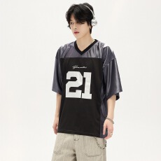 批发美式冰丝V领短袖t恤男女夏季潮牌宽松<b class='q'>运动</b>球衣设计感网眼透气上衣