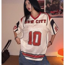 批发美式V领10号印花拼接网眼短袖球衣男女宽松T恤街头<b class='q'>运动</b>上衣无品牌