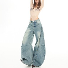 批发美式弯刀牛仔裤女春季薄款中性破洞酷飒爵士舞宽松阔腿镰刀<b class='q'>裤子</b>男