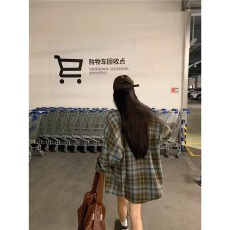 批发美式复古棕蓝色磨毛格子衬衫女春<b class='q'>秋</b>季潮牌宽松设计感小众衬衣外套