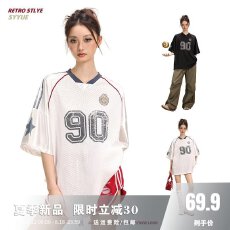 批发美式复古短袖T恤女<b class='q'>夏季</b>橄榄球球衣街头字母印花<b class='q'>情侣</b><b class='q'>宽松</b>运动上衣