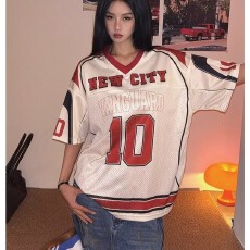 批发美式V领10号印花拼接网眼短袖球衣男女宽松T恤<b class='q'>街头</b>运动上衣无品牌