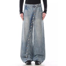 批发排扣美式复古水洗斜门襟纽扣牛仔裤男女小众设计感宽松<b class='q'>休闲</b>裤子