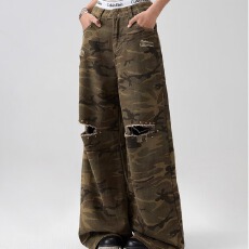 批发破洞阔腿长裤美式新塘佐依迷彩牛仔裤男女春夏<b class='q'>休闲</b>宽松直筒裤子