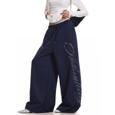 批发纯棉华棉复合牛奶丝字母烫钻阔腿<b class='q'>休闲</b>裤男女春夏宽松松紧腰长裤