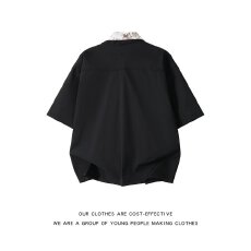 批发设计感小众老钱风古巴领假两件<b class='q'>短袖</b><b class='q'>衬衫</b><b class='q'>男</b>女夏季新款慵懒风<b class='q'>衬衣</b>潮