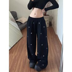 批发美式复古十字满印休闲裤女春<b class='q'>秋</b>季百搭直筒简约阔腿宽松运动卫裤子