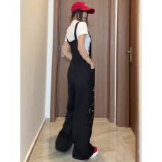 批发重工童趣刺绣黑色<b class='q'>背带裤</b>女夏新款<b class='q'>宽松</b>百搭阔腿连体裤