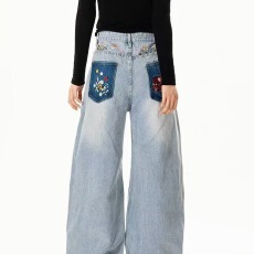 批发美式复古重工花卉刺绣<b class='q'>牛仔裤</b><b class='q'>男</b>女同款春秋新款宽松休闲阔腿长裤潮