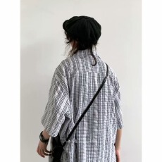 批发夏天日系古巴领小格子衬衫<b class='q'>男</b>女生学院风短袖小清新休闲宽松衬衣潮